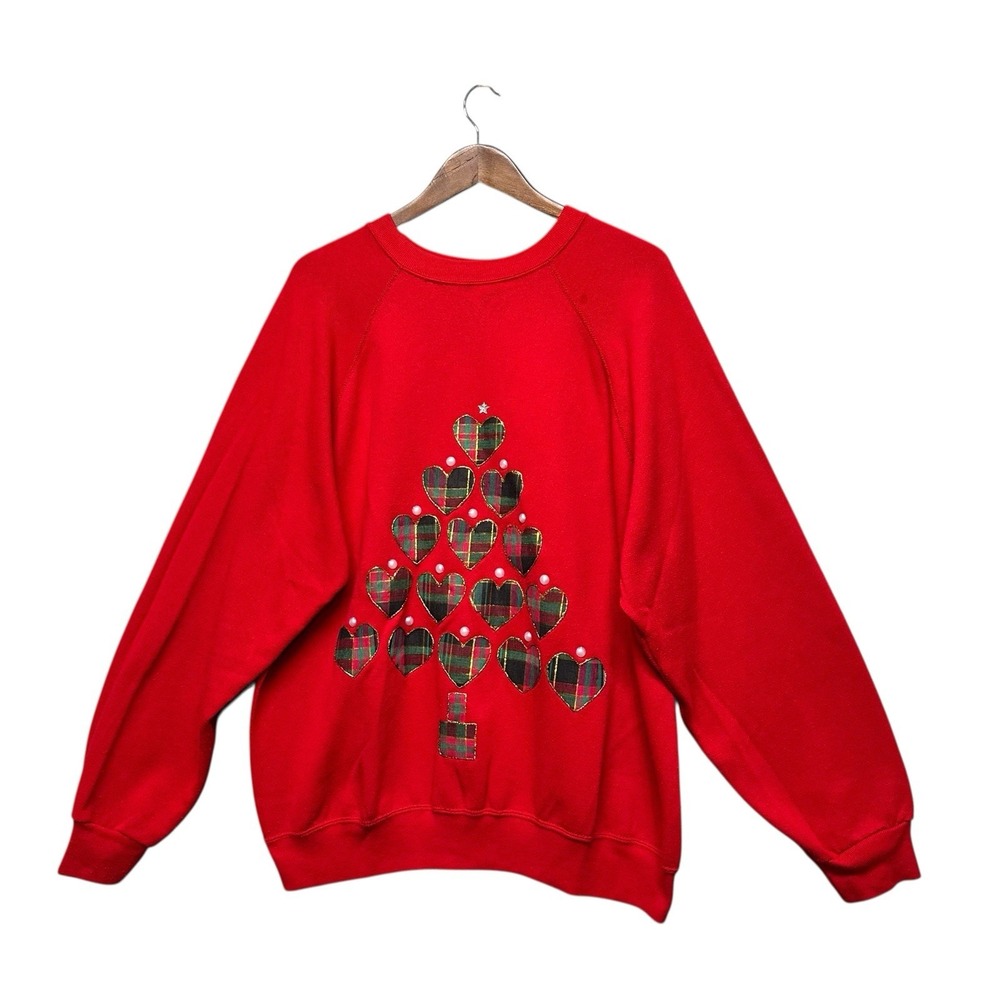 VTG Tultex Womens Size XL Pullover Long Sleeve Red Sweatshirt Christmas Tree USA